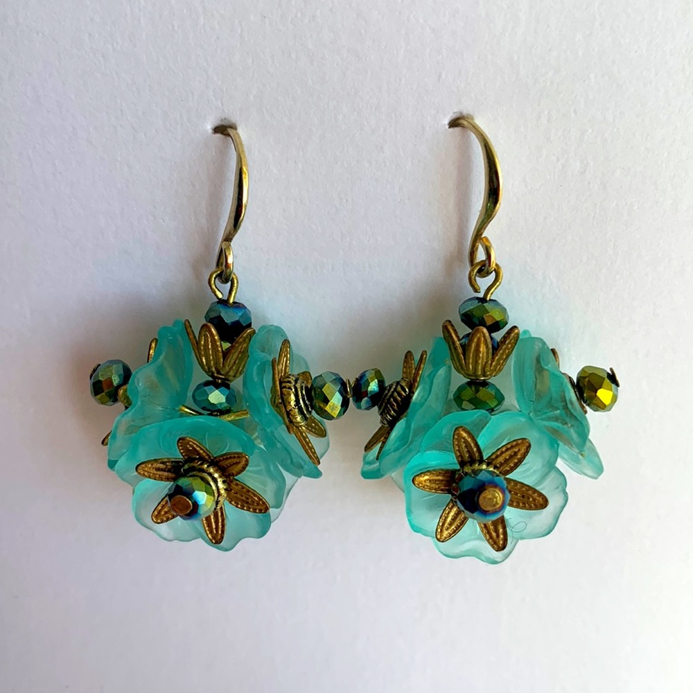 Vintage aqua and brass beaded earrings